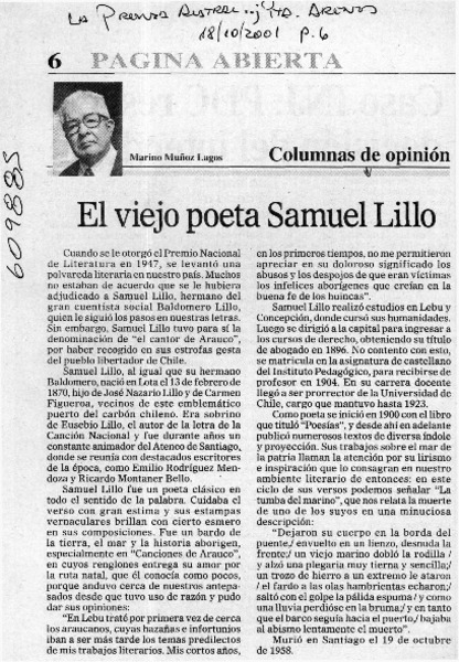 El viejo poeta Samuel Lillo  [artículo] Marino Muñoz Lagos