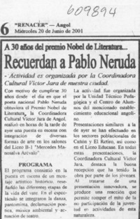 Recuerdan a Pablo Neruda  [artículo]