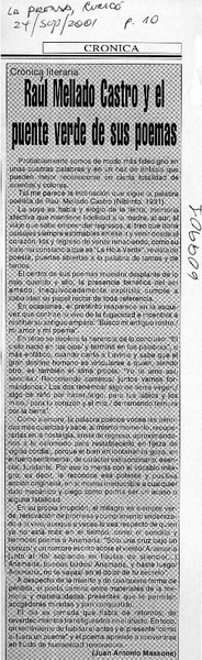 Raúl Mellado Castro y el puente verde de sus poemas  [artículo] Juan Antonio Massone