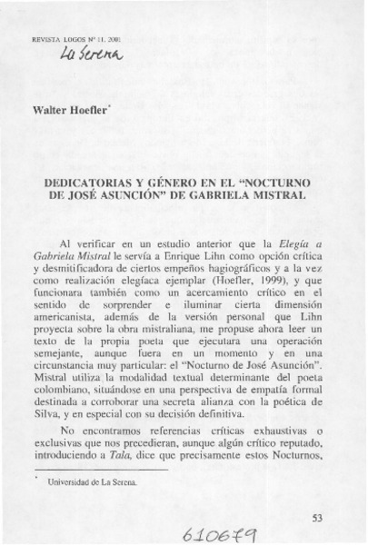 Dedicatorias y género en el "nocturno de José Asunción" de Gabriela Mistral  [artículo] Walter Hoefler