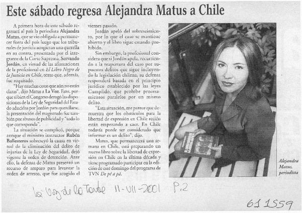 Este sábado regresa Alejandra Matus a Chile  [artículo]