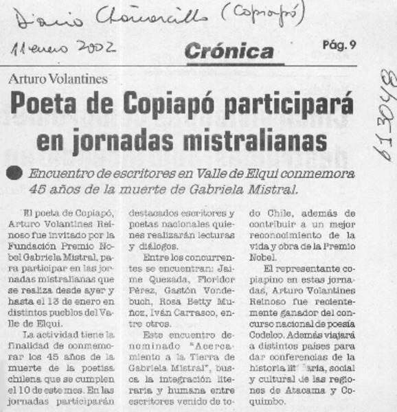 Poeta de Copiapó participará en jornadas mistralianas  [artículo]