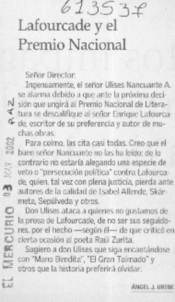 Lafourcade y el Premio Nacional  [artículo] Ángel J. Uribe