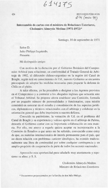 Intercambio de cartas con el ministro de Relaciones Exteriores, Clodomiro Almeyda Medina (1971-1972)  [artículo] Clodomiro Almeyda Medina