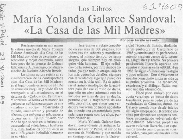 María Yolanda Galarce Sandoval, "La casa de las mil madres"  [artículo] José Arraño Acevedo