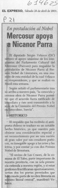 Mercosur apoya a Nicanor Parra  [artículo]