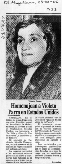 Homenajean a Violeta Parra en Estados Unidos  [artículo]