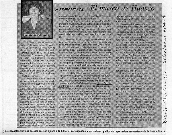 A propósito de El museo de Huasco  [artículo] Nélida Baros Fritis