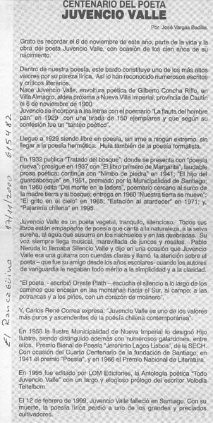 Centenario del poeta, Juvencio Valle  [artículo] José Vargas Badilla