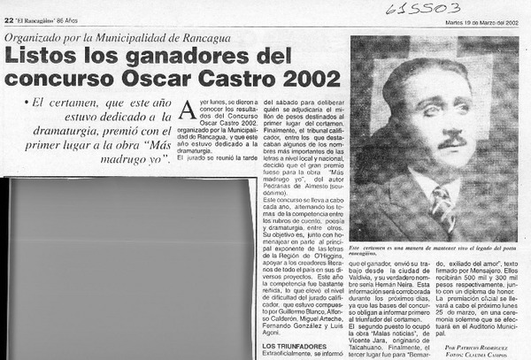Listos los ganadores del concurso Oscar Castro 2002  [artículo] Patricio Rodríguez
