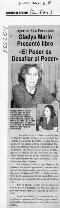 Gladys Marín presentó libro "El poder de desafiar al poder"  [artículo]