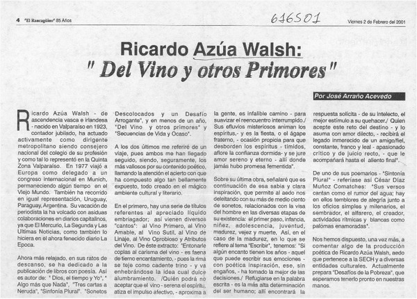 Ricardo Azúa Walsh, "Del vino y otros primores"  [artículo] José Arraño Acevedo