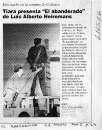 Tiara presentará "El abanderado", de Luis Alberto Heiremans  [artículo] P. R. P.