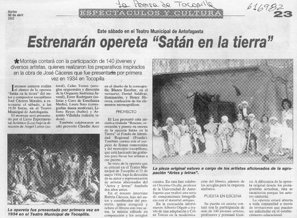 Estrenarán opereta "Satán en la tierra"  [artículo]