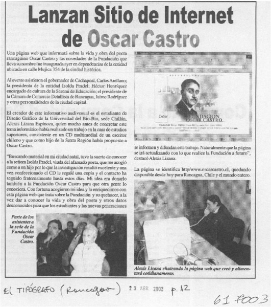 Lanzan sitio de Internet de Oscar Castro  [artículo]