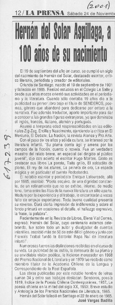 Hernán del Solar Aspillaga, a 100 años de su nacimiento  [artículo]