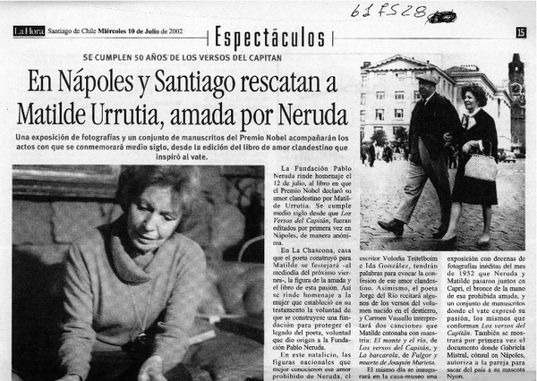 En Nápoles y Santiago rescatan a Matilde Urrutia, amada por Neruda  [artículo]