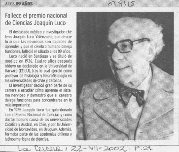 Fallece el premio nacional de Ciencias Joaquín Luco  [artículo]
