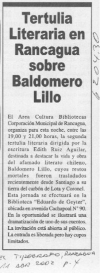 Tertulia literatura en Rancagua sobre Baldomero Lillo  [artículo]