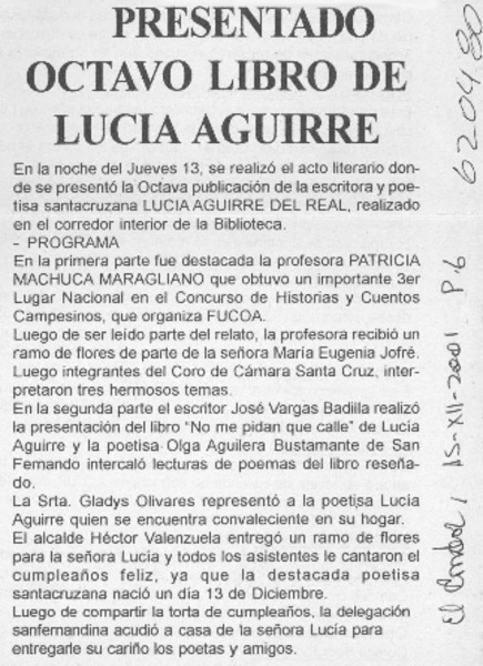 Presentado octavo libro de Lucía Aguirre  [artículo]