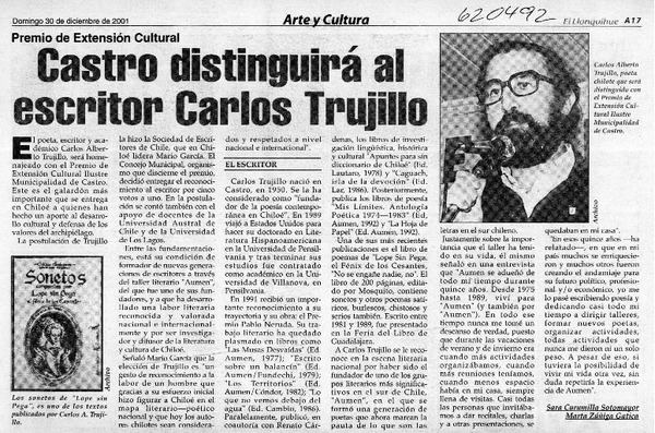 Castro distinguirá al escritor Carlos Trujillo