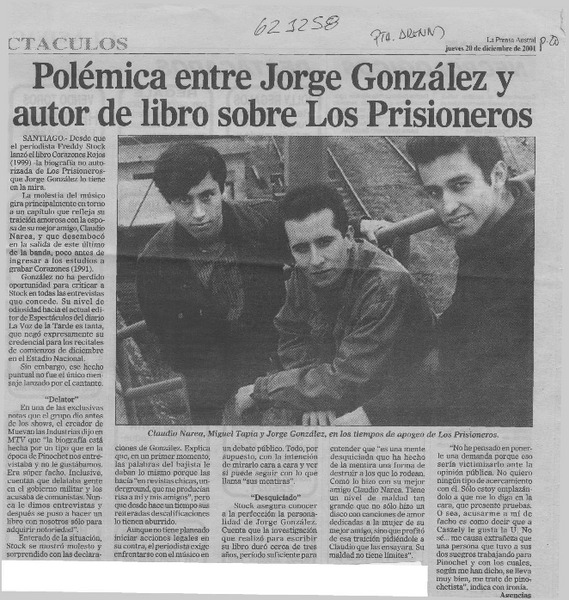 Polémica entre Jorge González y autor de libro sobre Los Prisioneros  [artículo]