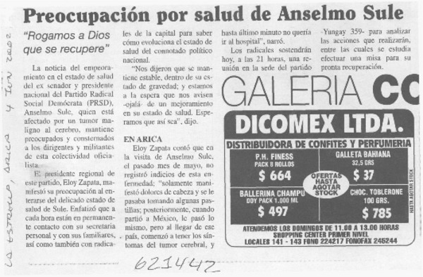 Preocupación por salud de Anselmo Sule  [artículo]