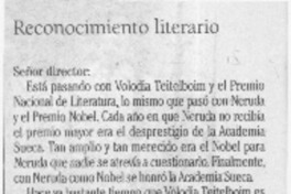 Reconocimiento literario  [artículo] Hugo Pizarro G.