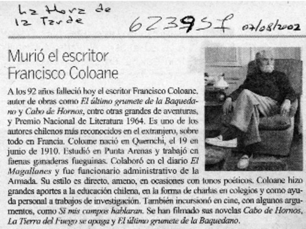 Murió el escritor Francisco Coloane