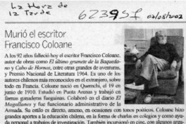 Murió el escritor Francisco Coloane