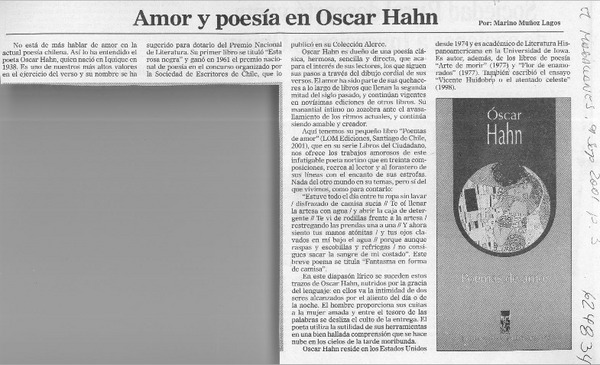 Amor y poesía en Oscar Hahn
