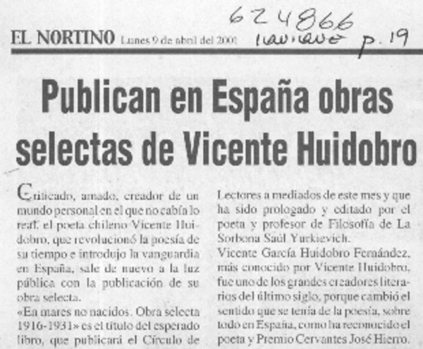 Publican en España obras selectas de Vicente Huidobro