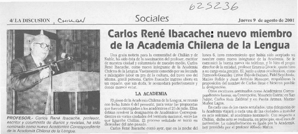 Carlos René Ibacache, nuevo miembro de la Academia Chilena de la Lengua