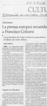 La prensa europea recuerda a Francisco Coloane  [artículo] Andrea Desormeaux