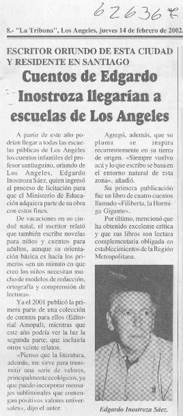 Cuentos de Edgardo Inostroza llegarían a escuelas de Los Ángeles  [artículo]