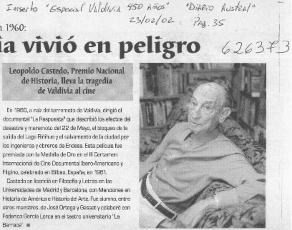 Leopoldo Castedo, Premio Nacional de Historia, lleva la tragedia de Valdivia al cine  [artículo]