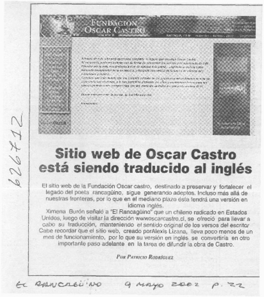Sitio web de Oscar Castro está siendo traducido al inglés  [artículo] Patricio Rodríguez