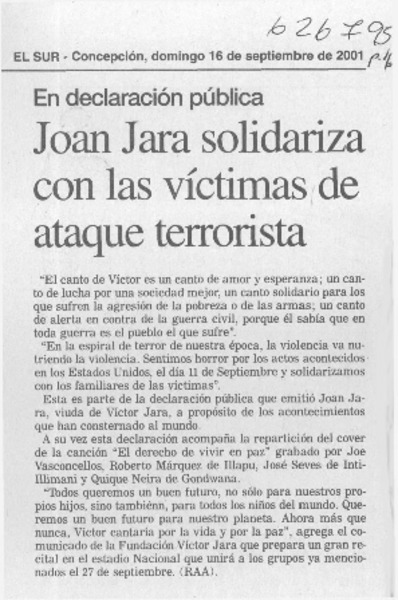 Joan Jara solidariza con las víctimas de ataque terrorista  [artículo]