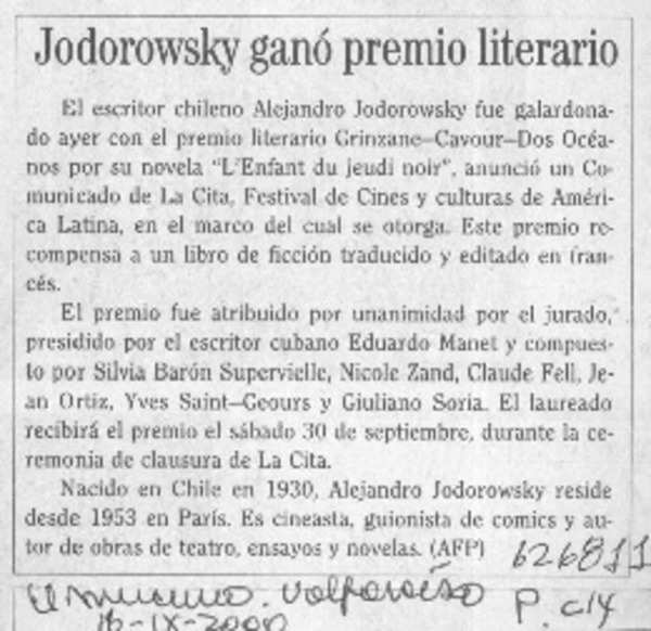 Jodorowsky ganó premio literario  [artículo]