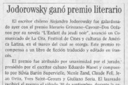 Jodorowsky ganó premio literario  [artículo]