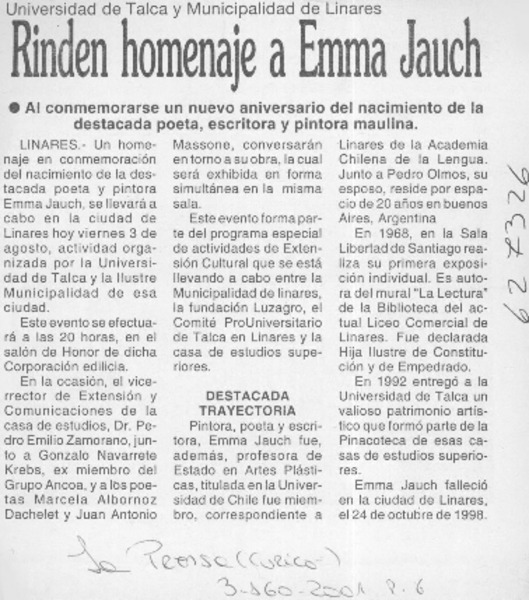 Rinden homenaje a Emma Jauch  [artículo]