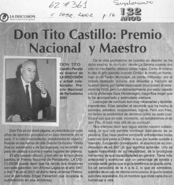 Don Tito Castillo, Premio Nacional y maestro