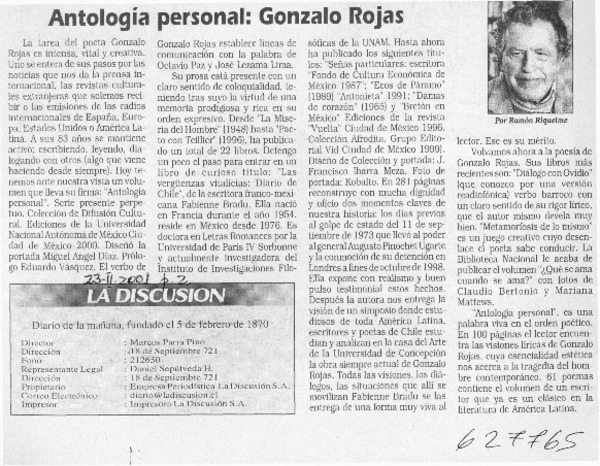 Antología personal, Gonzalo Rojas  [artículo] Ramón Riquelme