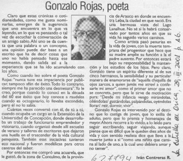 Gonzalo Rojas, poeta  [artículo] Iván Contreras R.
