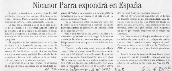 Nicanor Parra expondrá en España  [artículo]