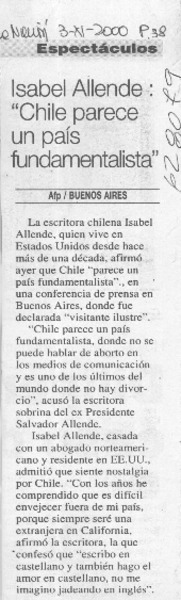 Isabel Allende, "Chile parece un país fundamentalista"  [artículo]