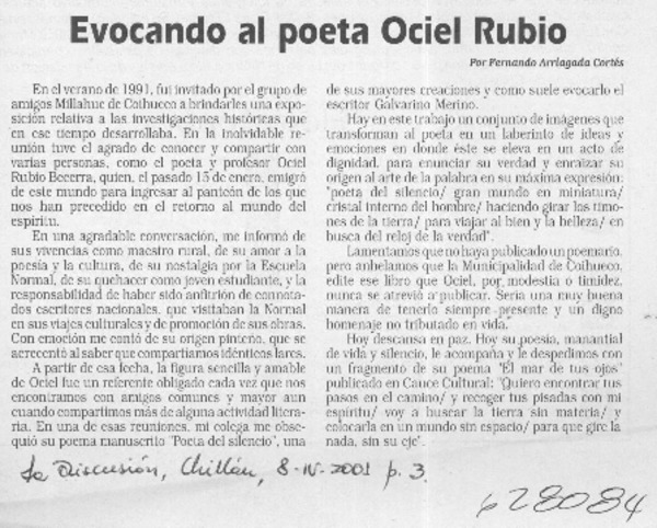 Evocando al poeta Ociel Rubio  [artículo] Fernando Arriagada Cortés