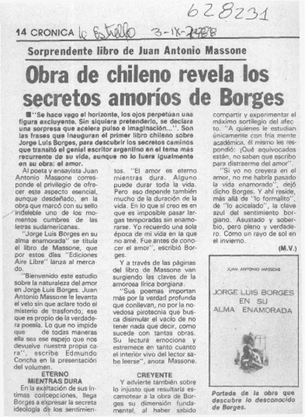 Obra de chileno revela los secretos amoríos de Borges  [artículo] M. V.