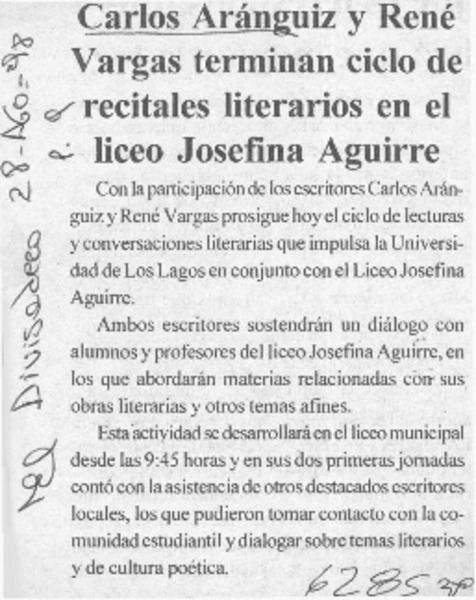 Carlos Aránguiz y René Vargas terminan ciclo de recitales literarios en el liceo Josefina Aguirre  [artículo]