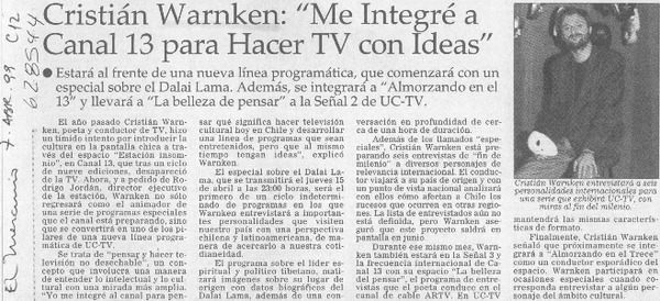 Cristián Warnken, "me integré a Canal 13 para hacer TV con ideas"  [artículo]